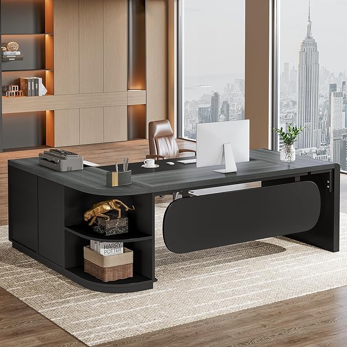 Tribesigns 80'' L-Shaped Desk Set of 4, Large Executive Office Desk with 55'' Drawers Cabinet, Modern Computer Table with Storage Shelves, Business Furniture for Office, Grey