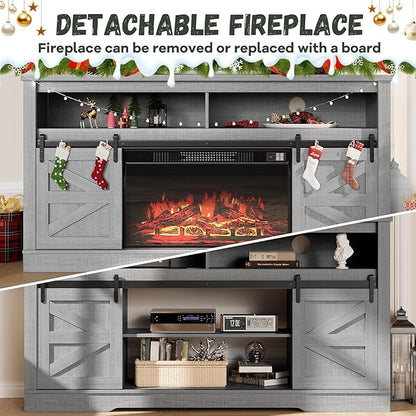 YESHOMY Fireplace TV Stand for Television up to 65+ Inch with Storage and Farmhouse Sliding Barn Doors, Entertainment Center with Cabinet and Shelves, Media Console for Living Room,Gray