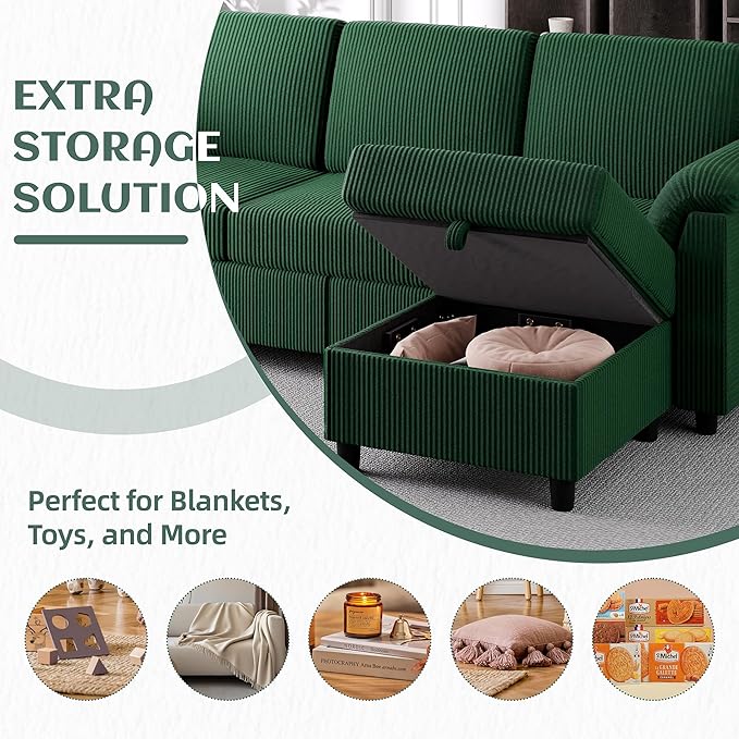 Vongrasig 79" Convertible Sectional Couch Sofa with Storage Ottoman, 3 Seat L Shaped Couch with Side Storage Pockage, Small Couches for Living Room, Apartment and Small Space (Green)