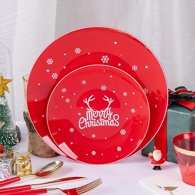 Nervure 175PCS Christmas Plastic Plates - Red and White Disposable Plates & Gold Plastic Silverware with Red Handle include 50 Plates 25Knives 25Forks 25Spoons 25Napkins for Christmas Party