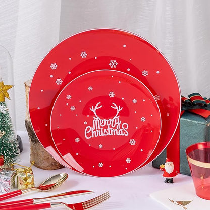 Nervure 175PCS Christmas Plastic Plates - Red and White Disposable Plates & Gold Plastic Silverware with Red Handle include 50 Plates 25Knives 25Forks 25Spoons 25Napkins for Christmas Party