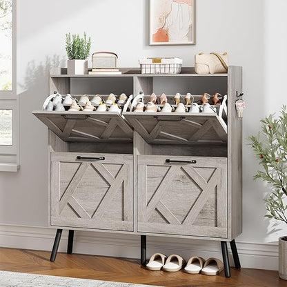 Nicetree Shoe Cabinet with 4 Flip Drawers, Freestanding Shoe Organizer Cabinet, Farmhouse Narrow Shoe Storage Cabinet for Entryway, Foyer, Hallway, Gray