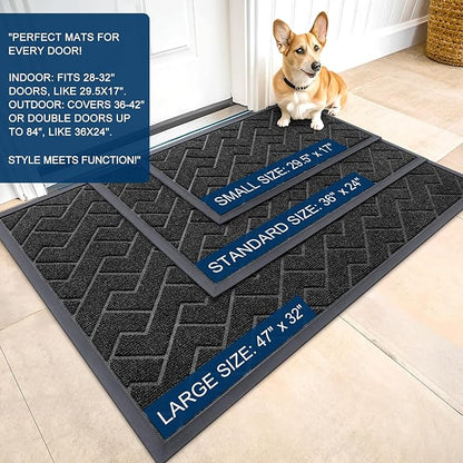 OLANLY Front Door Mat Indoor Outdoor Entrance, Waterproof All-Season, All-Weather Doormat, Sturdy Natural Rubber, Low Profile, Easy Clean Patio Porch Entryway Mat, Herringbone Brick (Black, 47x23)