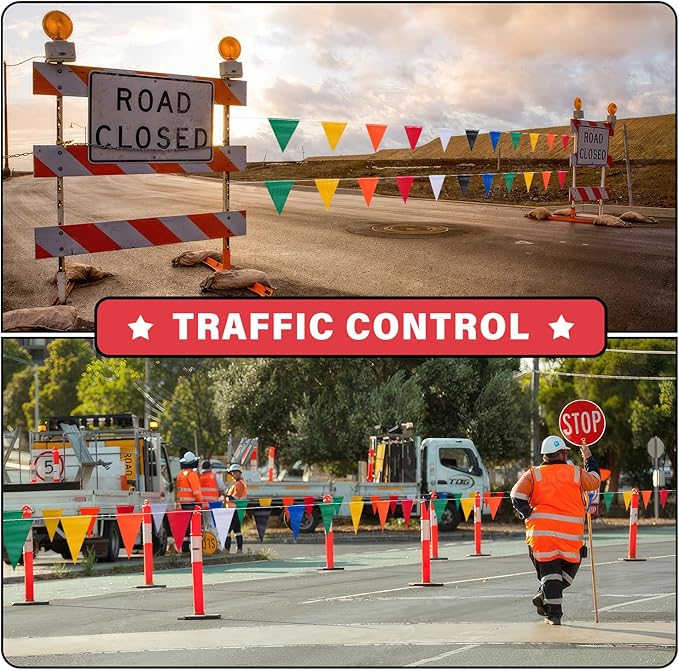 105ft Pennant Banner Flags, 7"x10" Fluorescent Multicolor Safety Flagging Warning Banner for Construction Site/Traffic Control/Boundary Barrier Signs, Perimeter Marking Flags on String, 45 Pcs