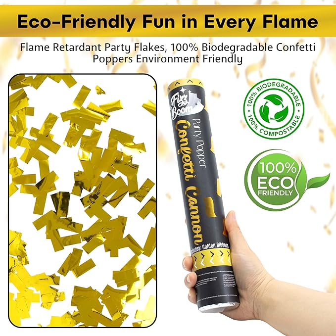 2 Pack 12 Inch Golden Mylar Confetti Poppers Set for Anniversary, Wedding, Graduation, New Year, Birthday Party Celebrations | Releases 15 ft in the Air