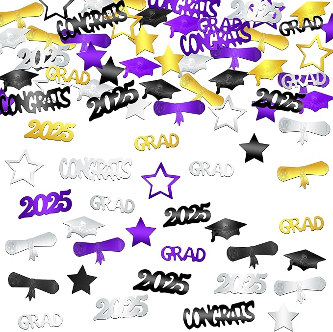 KatchOn, Congrats Grad Confetti 2025 - Pack of 1000 | Purple and Gold Graduation Decorations 2025 | Graduation Table Decorations 2025 | Black, Silver, Purple and Gold Confetti for Table Decor