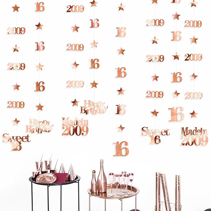 12PCS Rose Gold 16th Birthday Decorations Number 16 and 2009 Star Garland Streamer Banner Backdrop for Girls Boys Cheers to 16 Years Birthday Vintage Made in 2009 Sweet Sixteen Party Decor Supplies