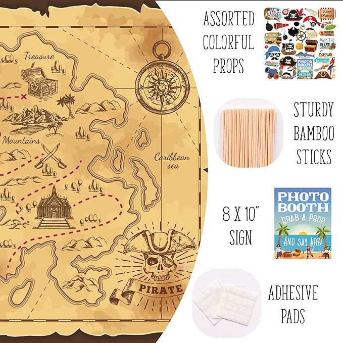 Pirate Photo Booth Props - 41-pc Photobooth Kit with 8 x 10-Inch Sign, 60 Adhesive Pads, 45 Sticks - Pirate Props - Nautical Photo Booth Props - Pirate Ship Props