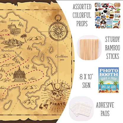 Pirate Photo Booth Props - 41-pc Photobooth Kit with 8 x 10-Inch Sign, 60 Adhesive Pads, 45 Sticks - Pirate Props - Nautical Photo Booth Props - Pirate Ship Props