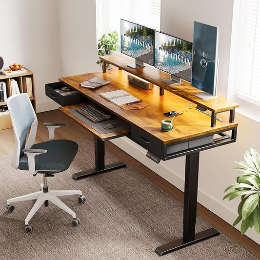 AODK Electric Standing Desk with Drawers & Keyboard Tray, 63 Inch Height Adjustable Gaming Desk with Power Outlets & LED Lights, Sit Stand Table with Monitor Stand for Home, Office, Rustic Brown
