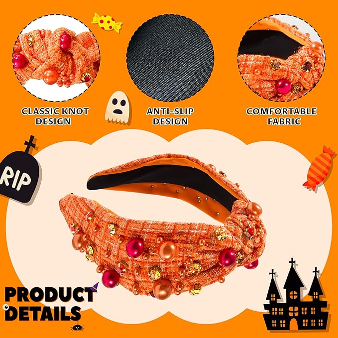 Halloween Pearl Knotted Headband for Women Girls Non Slip Rhinestone Embellished Hair Hoop Halloween Headbands Hair Accessories Gift (Grid Orange)