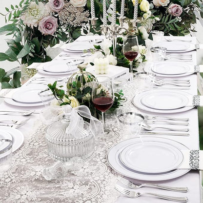 bUCLA 350PCS Silver Plastic Dinnerware Set for 50 Guests - Silver Plates Disposable Include 50 Dinner & 50 Dessert Plates,50 Forks,50 Knives,50 Spoons,50 Cups,50 Napkins for Party & Christmas