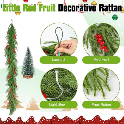 6FT Pre-Lit Christmas Garland with Mini Christmas Tree, Artificial Christmas Green Rattan Pine Cypress Garland, Seasonal Garland for Mantle Stairs Table Fireplace Xmas Decoration