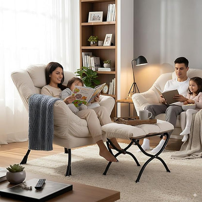LITA Lazy Chair with Ottoman, Modern Accent Leisure Upholstered Sofa Chair, Contemporary Lounge Reading Chairs with Armrests and a Side Pocket for Living Room, Bedroom & Small Space, Beige
