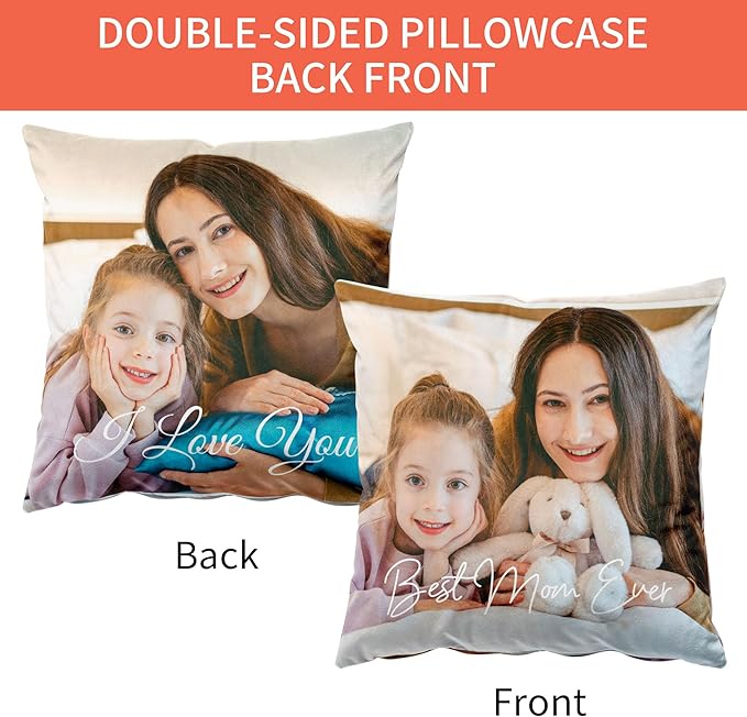 Easycosy Custom Pillow with Picture & Text, Two-Sides Velvet Customized Photo Pillowcase, 18"x18" Personalized Pillow Cover with Photo, Custom Gifts for Mother's Day (Optional Pillow Insert)