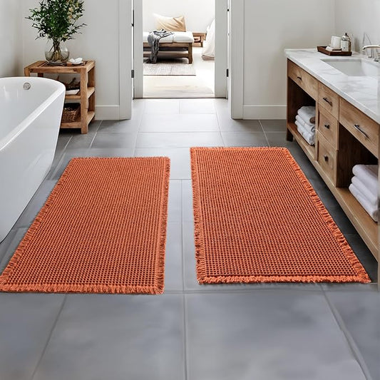 MIULEE Orange Set of 2 Waffle Bathroom Runner Rugs, Boho Bath Rug Non Slip Washable, Super Absorbent Runner Bath Mats, Rubber Backed Shower Mat for Hallway Bedroom Laundry Room, 2'x4'(24x48 Inch)