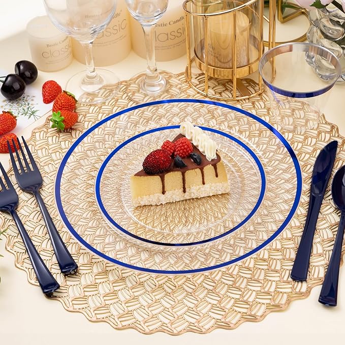 BESTSTAR 100PCS Blue and Clear Plastic Plates, Disposable Plate Set with 50 Dinner Plates and 50 Dessert Plates for Party, National Day, Memorial Day