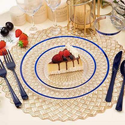 BESTSTAR 100PCS Blue and Clear Plastic Plates, Disposable Plate Set with 50 Dinner Plates and 50 Dessert Plates for Party, National Day, Memorial Day