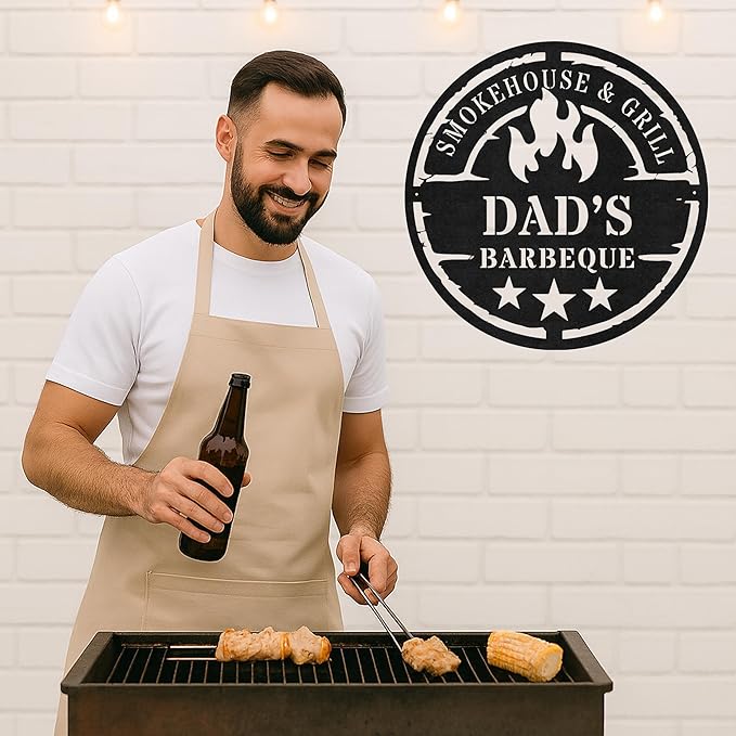 Custom BBQ Kitchen Metal Sign, Personalized Grill Name Cut Wall Decor for Outdoor Cooking Space, Rustic Backyard Gift