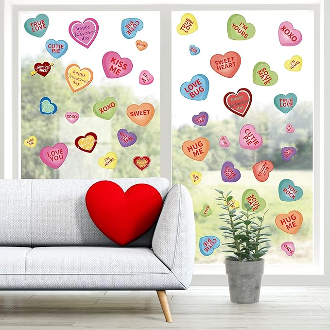 AKEROCK Valentines Day Window Clings, Colorful Heart Shaped Reusable Static Window Stickers for Home, Bathroom, Office Decor