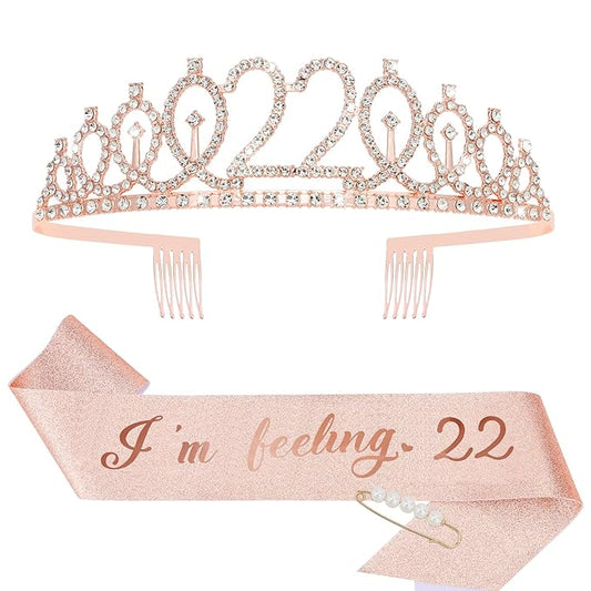 CIEHER 22nd Birthday Sash and Tiara Rose Gold, 22nd Birthday Decorations for Women 22nd Birthday Gifts 22nd Birthday Sash 22 Year Old Birthday 22nd Birthday Cake Topper