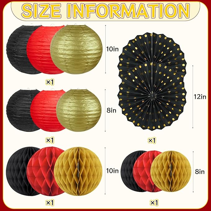 14Pcs Casino Theme Party Decorations, Hanging Red Black Gold Paper Lanterns Fans for Graduation Wedding Birthday Game Night Hibachi New Years Eve Hollywood Theme Party Decorations