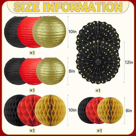 14Pcs Casino Theme Party Decorations, Hanging Red Black Gold Paper Lanterns Fans for Graduation Wedding Birthday Game Night Hibachi New Years Eve Hollywood Theme Party Decorations