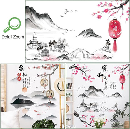 Removable 3D Chinese Style Landscape Mountain Water Wall Decals Chinese Characters Family and Peace with Plum Flower Tree Branches Wall Sticker Murals for Bedroom Sofa Background Decor