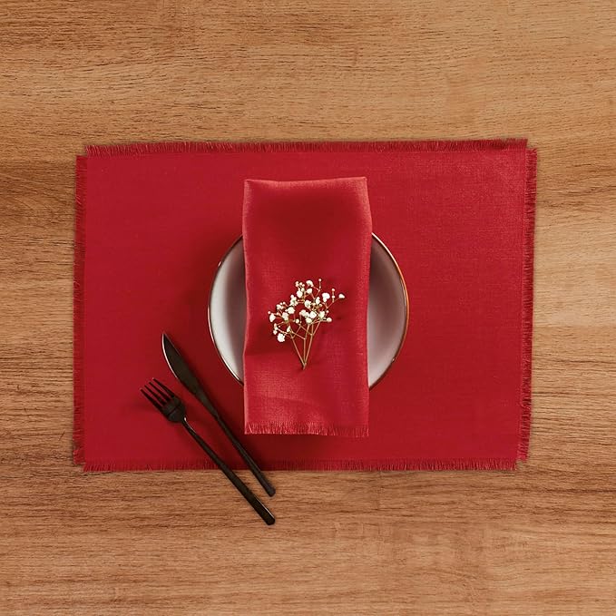 Solino Home Cherry Red Linen Napkins Set of 4-100% Pure Linen Fringe Dinner Napkins 20 x 20 Inch for Christmas, New Year