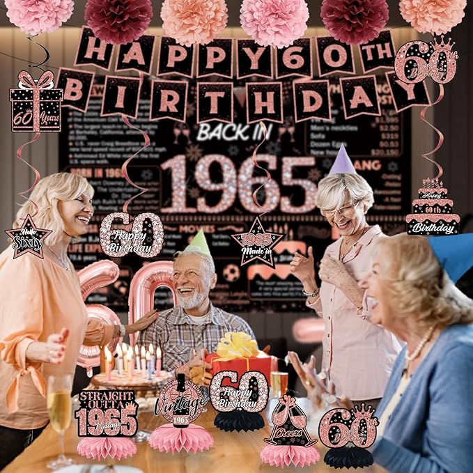 22pcs-60th birthday decorations, 1965 Banner Party Supplies, 60th Birthday Decorations for Women, Rose Gold 60 Year Old Birthday Backdrop,Vintage 60Birthday Honeycomb+Hanging Swirl+Paper Poms+Pump