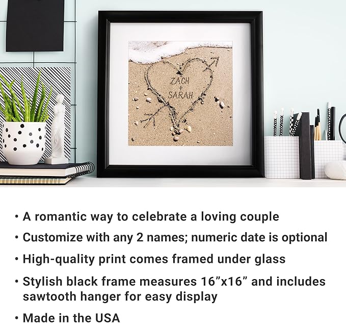 Let's Make Memories Personalized Printed Wall Art For Couples - Engagement, Wedding, Newlyweds, Anniversary - Home Decor - Heart in Sand - Framed Print - 16x16