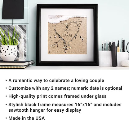 Let's Make Memories Personalized Printed Wall Art For Couples - Engagement, Wedding, Newlyweds, Anniversary - Home Decor - Heart in Sand - Framed Print - 16x16
