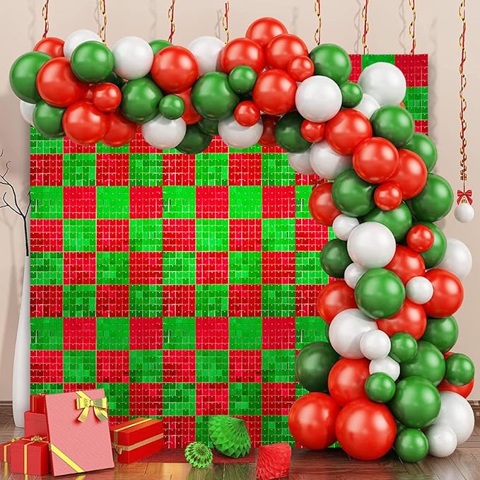 48 PCS Red Green Shimmer Wall Backdrop, Square Sequin Photo Backdrops Panel, Glitter Wall Background for Birthdays, Weddings, Christmas, Engagements, Disco Bachelorette Party Decoration (6FTx8FT)