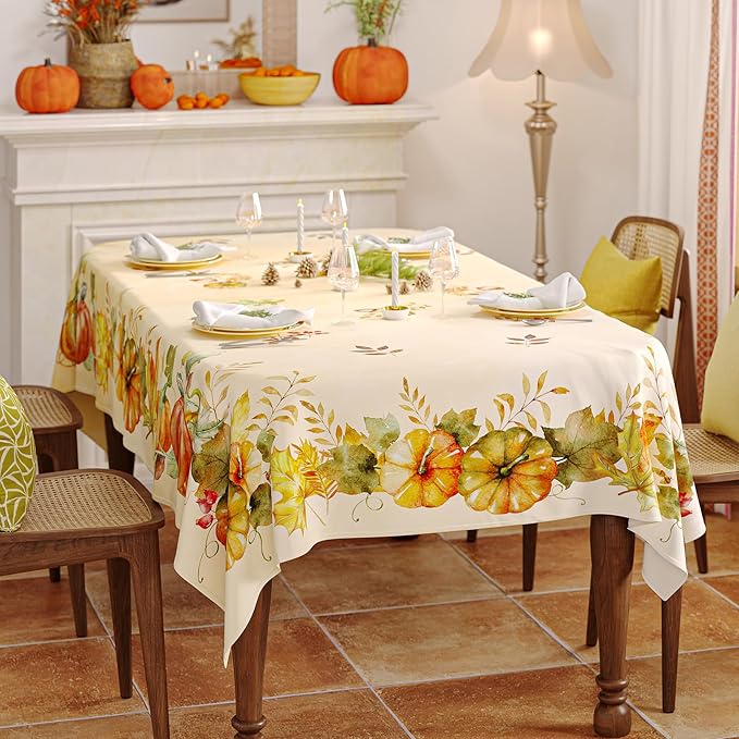 Fall Tablecloth Rectangle 52x70 Inch, Autumn Thanksgiving Harvest Orange Pumpkin Table Cloth Washable Spillproof Table Cover for Halloween Party, Picnic & Dinner Decor