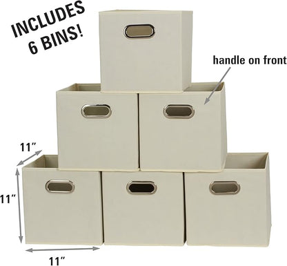 Fabric Storage Bins 6 Piece Set, Strong Poly-Woven Fabric, Sturdy Chipboard Sides, Grommet Front Handle, Stackable and Foldable, Classic Design, Cream