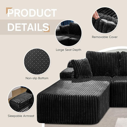 Hobestluk Modular Sectional Sofa Couches L-Shape Couch 3 Seat Modular Sofa Memory Foam Sectional Couches for Living Room, Cloud Couch with Oversized Chaise (108" Left Facing Chaise)