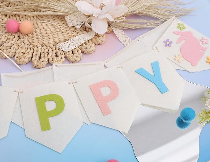Felt Happy Easter Banner - Pastel Happy Easter Garland, Easter Bunny Bunting, Easter Decoration for Mantel, Wall
