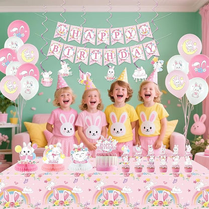 Pink Bunny Birthday Party Decorations for Gilrs - Rabbit Party Supplies including Happy Birthday Banner, Spirals, Cake Toppers, Table Centerpieces, Balloons (LQ)
