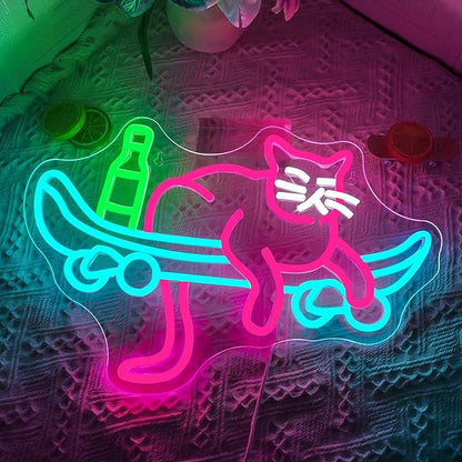 Lucunstar Skateboard Cat Neon Sign Pink Neon Signs for Wall Decor USB Connectivity Adjustable Brightness Animal Light Sign for Wall Decor Sign for Cat Lover Pet Shop