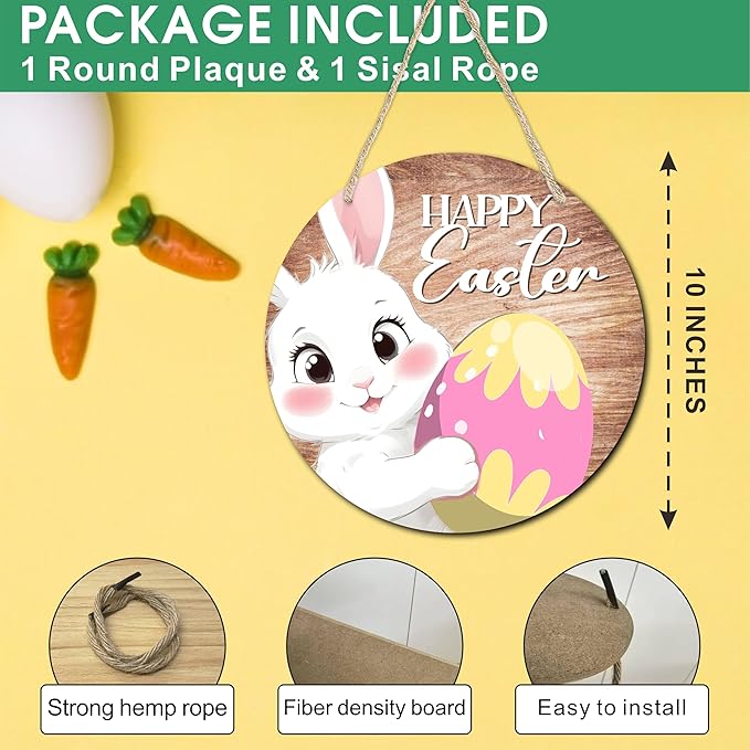 10" Easter Round Wooden Hanging Sign With Sisal Rope - Happy Easter - Bunny & Egg Wooden Plaque For Front Door, Porch, Outdoor Indoor, Farmhouse Wall Decor Party Favor & Decorations - B03
