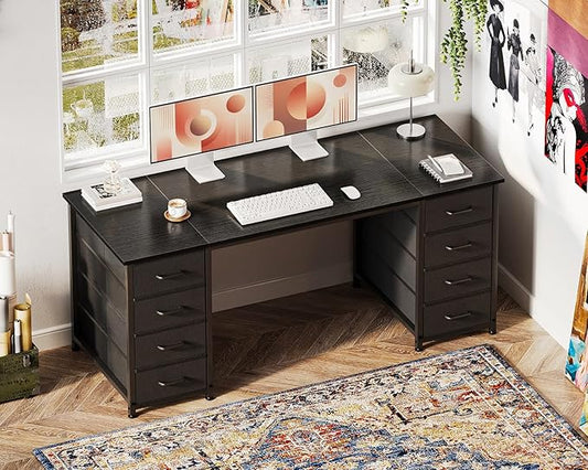 Casaottima 55 Inches Computer Desk with 8 Fabric Drawers, Modern Office Desk with Large Storage for Home Office, Study, Black