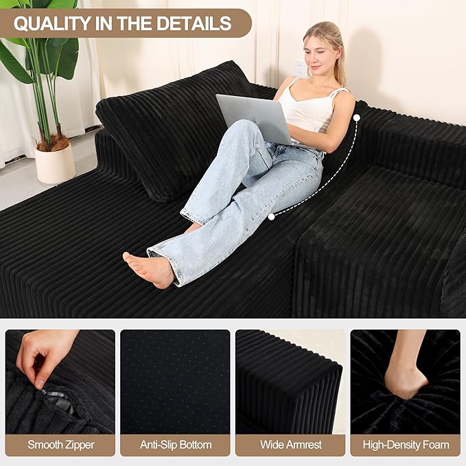 L Shaped Modular Boneless Sectional Couches for Living Room, Wide Armrest, Deep Seat, Memory Foam, Assembly Free, Modern Comfy Corduroy Fluffy Cloud Sofa with Left Chaise, Black