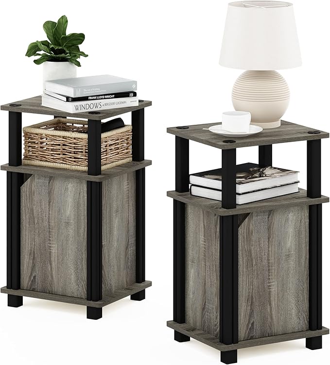 Furinno Brahms 3-Tier End Side Sofa Table/Nighstand with Door, 2-Pack, French Oak/Black