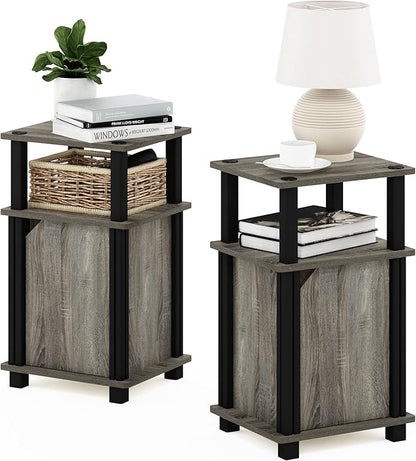 Furinno Brahms 3-Tier End Side Sofa Table/Nighstand with Door, 2-Pack, French Oak/Black