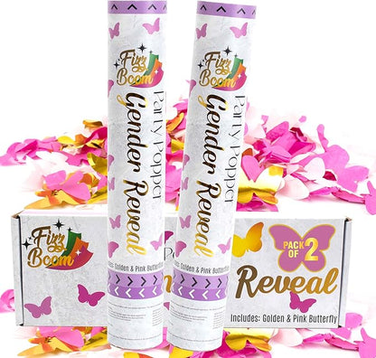 2 Pack Pink Butterfly -Shaped Confetti Poppers for Baby Gender Reveal | Pink Paper and Gold Mylar Baby Girl Party Supplies