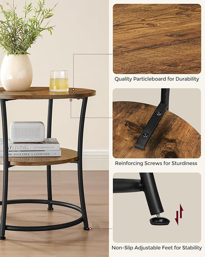 VASAGLE 21.7-Inch Round Side Table, 2-Tier End Table, Nightstand with Steel Frame, Spacious Top, for Small Spaces, Living Room, Bedroom, Rustic Brown and Ink Black ULET56BX