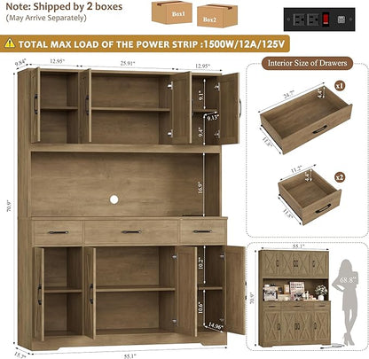 HOSTACK 71" Tall Pantry Cabinet with Charging Station, 55" Wide Kitchen Pantry Storage Cabinet with Countertop, Large Kitchen Hutch with Storage and Microwave Stand for Dining Room, Rustic Brown
