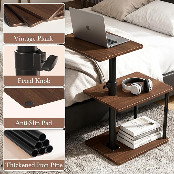 Swivel Side Table for Couch Arm, Adjustable C End Table for Recliner or Bed, Tv Trays with Storage Shelf for Small Spaces Small Nightstand Table for Living Room, Bedroom，Walnut 2pc