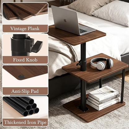 Swivel Side Table for Couch Arm, Adjustable C End Table for Recliner or Bed, Tv Trays with Storage Shelf for Small Spaces Small Nightstand Table for Living Room, Bedroom，Walnut 2pc