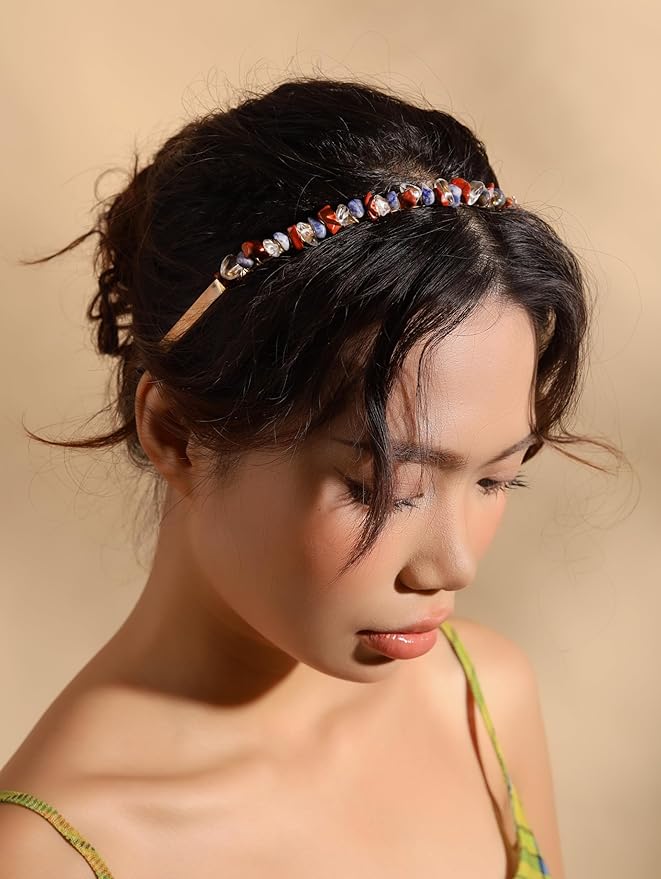MINACHI Handcrafted Gold-Tone Hairband with Colorful Mixed Stones, Boho Bridal Accessories, Jewelry Gift for Women